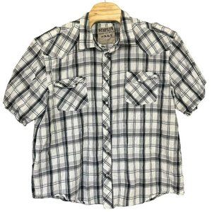 Surplus White Black Plaid Pearl‎ Snap Button Short Sleeve Shirt Mens 2XLT